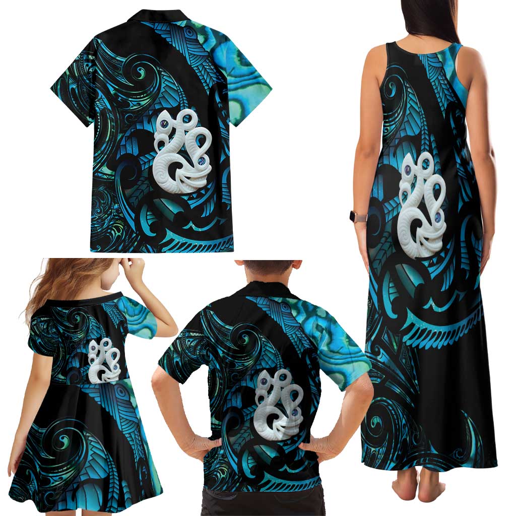 Manaia New Zealand Matariki Family Matching Tank Maxi Dress and Hawaiian Shirt NZ Paua Shell Maori Art