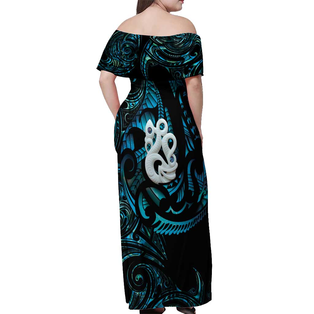 Manaia New Zealand Matariki Off Shoulder Maxi Dress NZ Paua Shell Maori Art