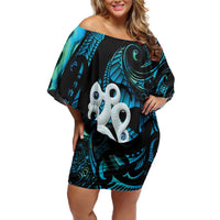 Manaia New Zealand Matariki Off Shoulder Short Dress NZ Paua Shell Maori Art