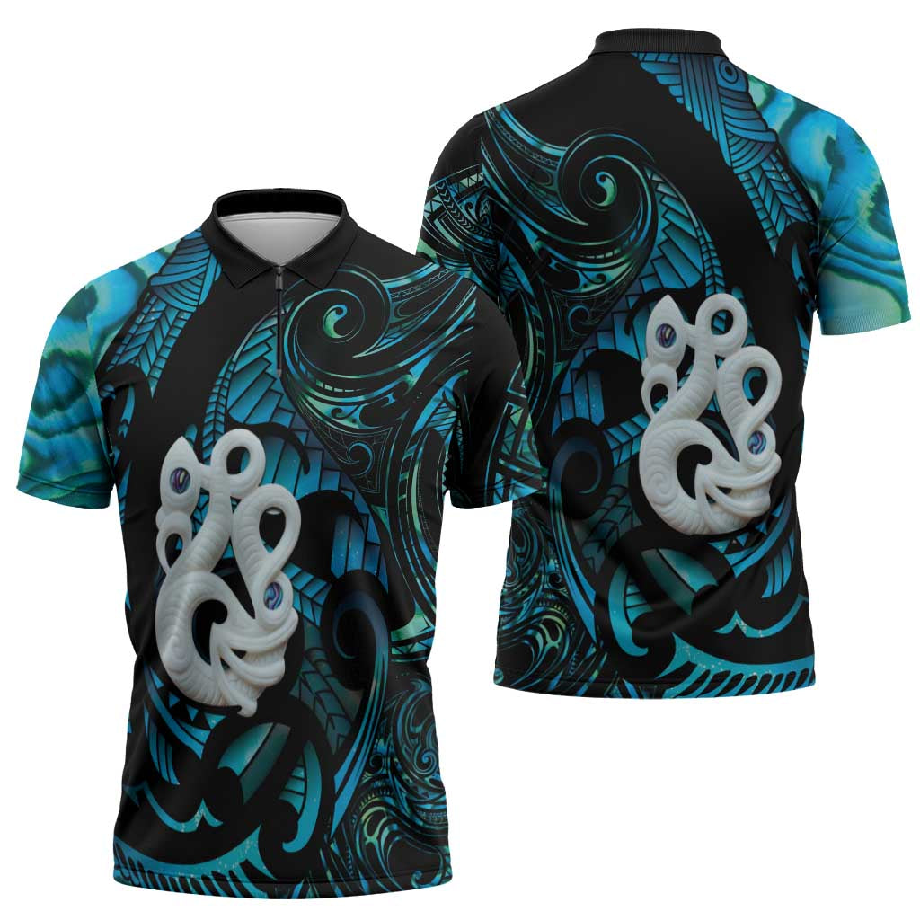 Manaia New Zealand Matariki Zipper Polo Shirt NZ Paua Shell Maori Art