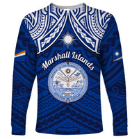 Marshall Islands Long Sleeve Shirt Blue Polynesian Tribal Mix Coat Of Arms LT14 Unisex Blue - Polynesian Pride