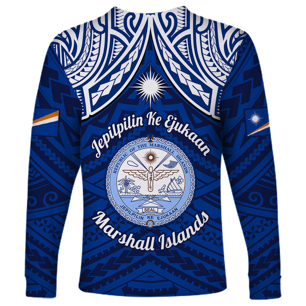 Marshall Islands Long Sleeve Shirt Blue Polynesian Tribal Mix Coat Of Arms LT14 - Polynesian Pride