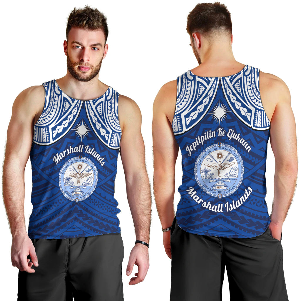 Marshall Islands Men Tank Top Blue Polynesian Tribal Mix Coat Of Arms LT14 - Polynesian Pride