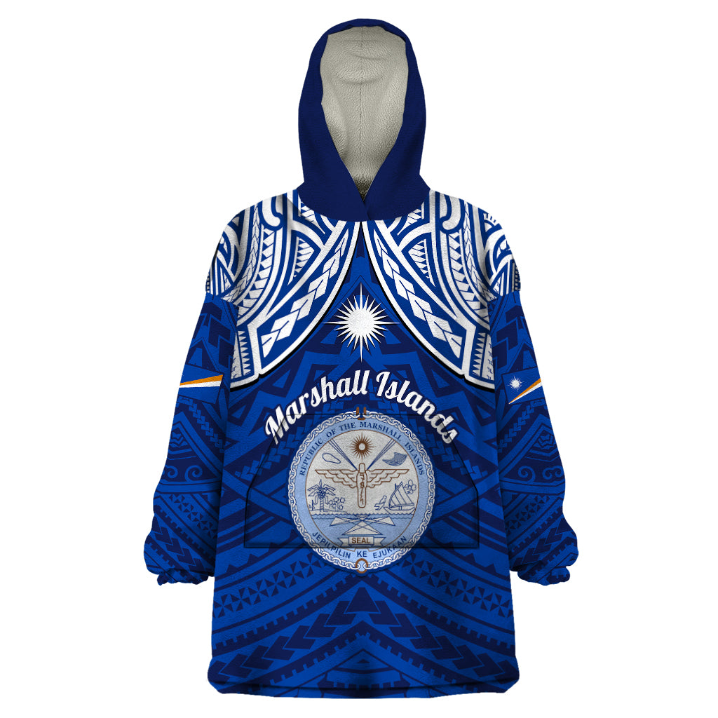 Marshall Islands Wearable Blanket Hoodie Blue Polynesian Tribal Mix Coat Of Arms LT14 One Size Blue - Polynesian Pride