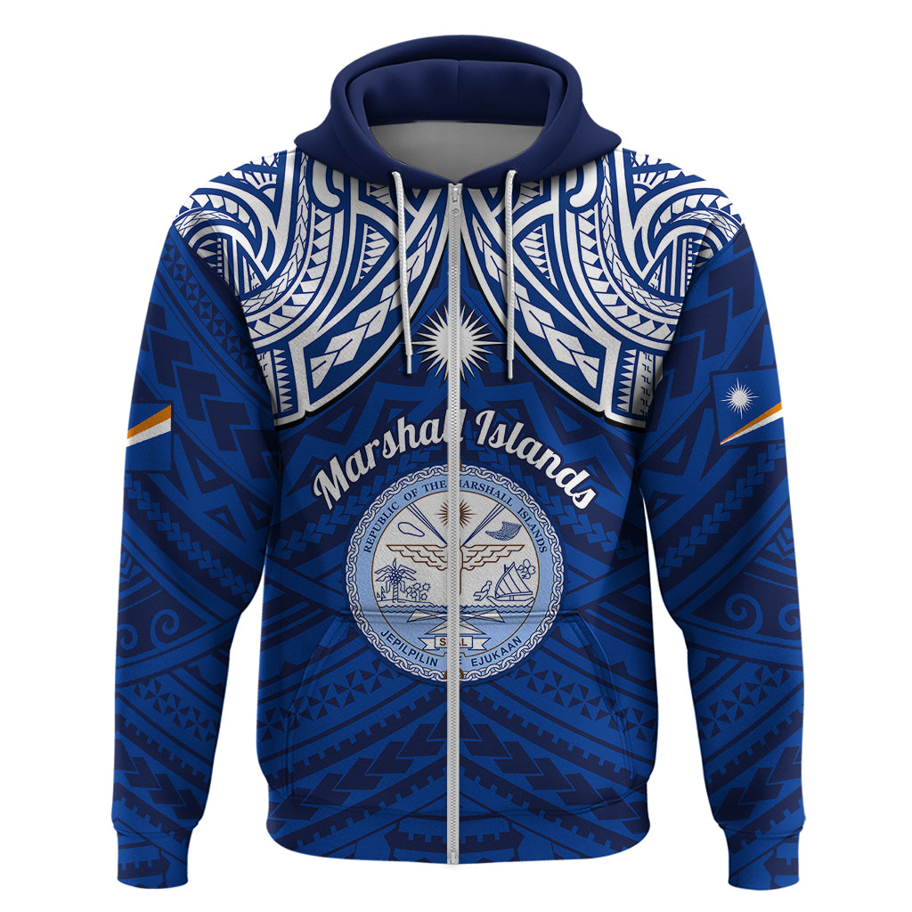 Custom Marshall Islands Hoodie Blue Polynesian Tribal Mix Coat of Arms LT14 Zip Hoodie Blue - Polynesian Pride