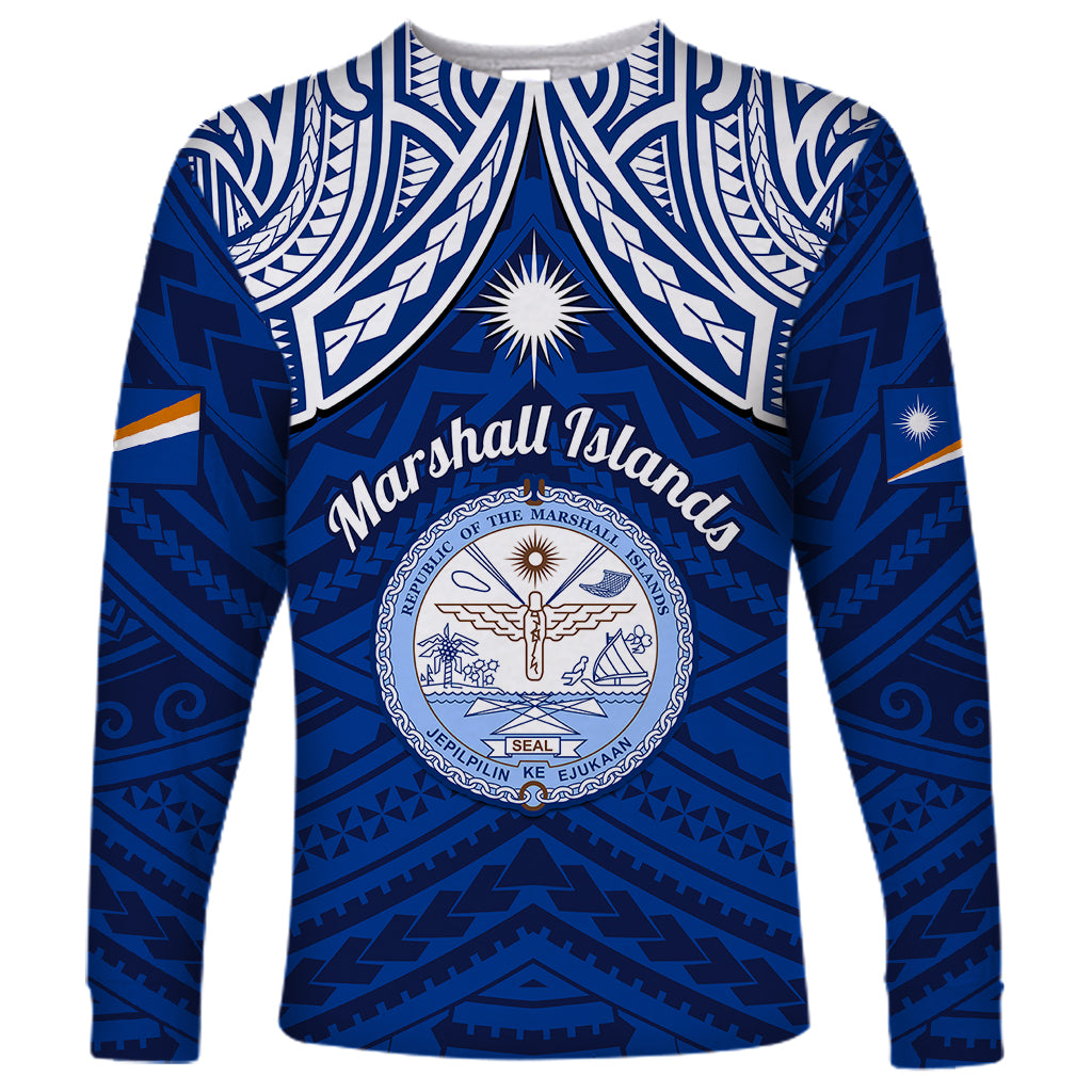 Personalised Marshall Islands Long Sleeve Shirt Blue Polynesian Tribal Mix Coat Of Arms LT14 Unisex Blue - Polynesian Pride