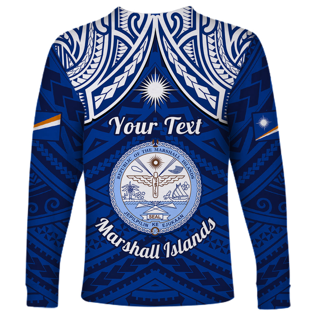 Personalised Marshall Islands Long Sleeve Shirt Blue Polynesian Tribal Mix Coat Of Arms LT14 - Polynesian Pride
