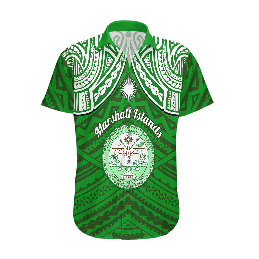 Personalised Marshall Islands Hawaiian Shirt Green Polynesian Tribal Mix Coat Of Arms LT14 Green - Polynesian Pride