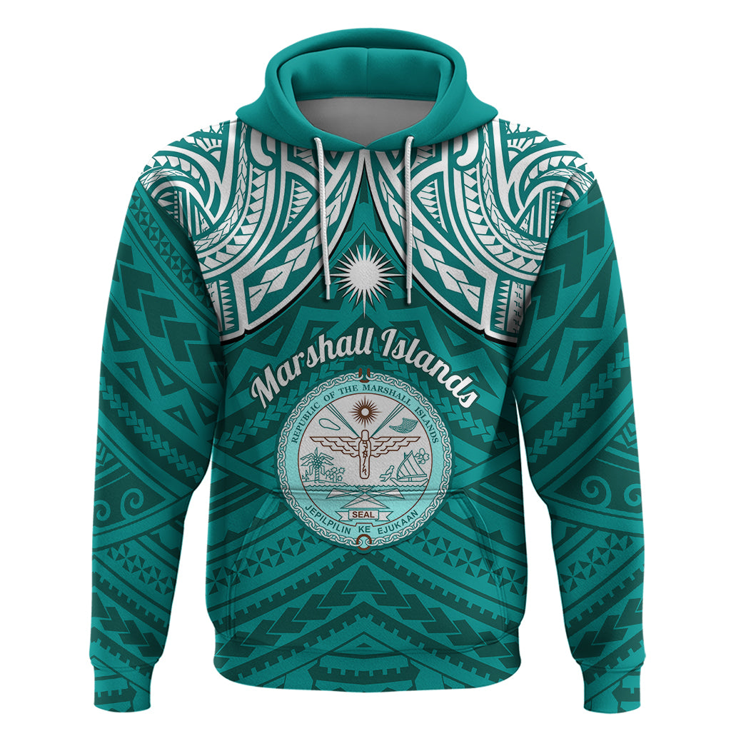 Custom Marshall Islands Hoodie Turquoise Polynesian Tribal Mix Coat of Arms LT14 Pullover Hoodie Turquoise - Polynesian Pride