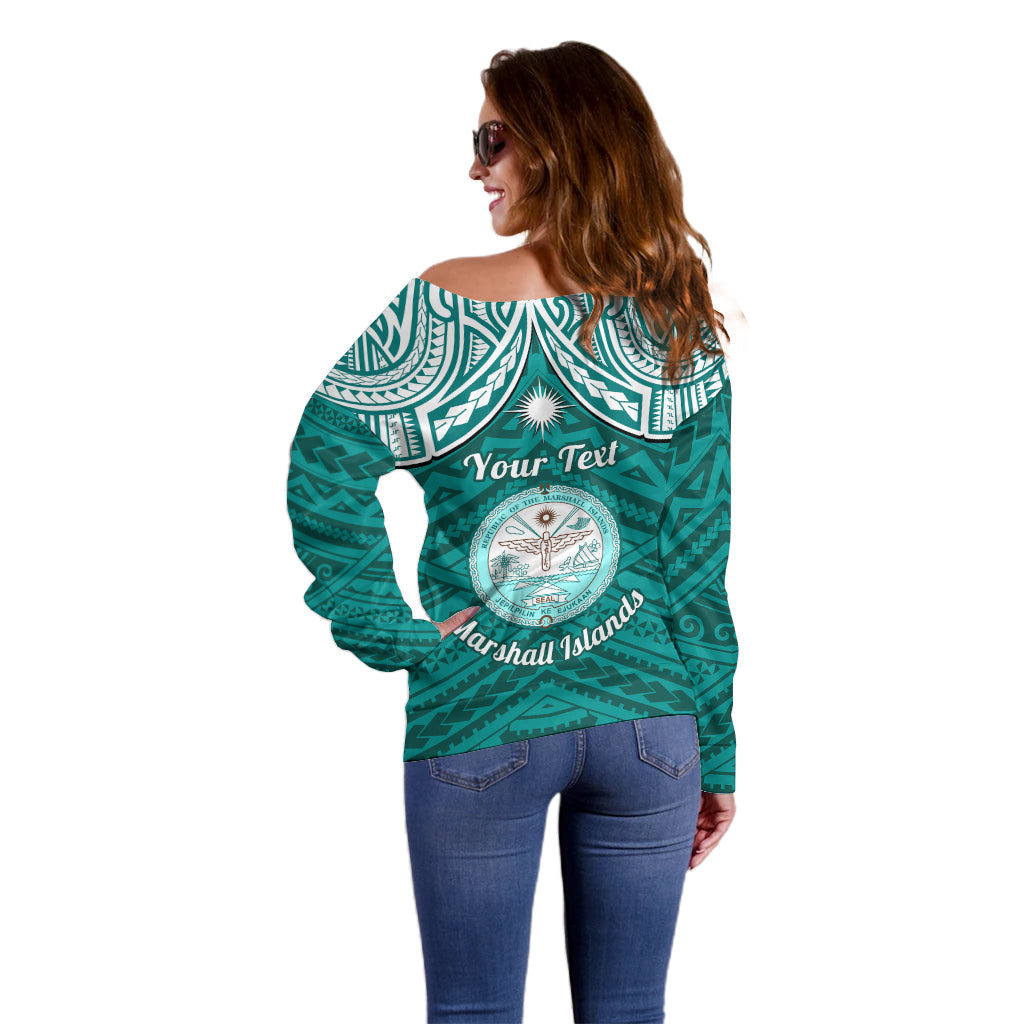 Personalised Marshall Islands Off Shoulder Sweater Turquoise Polynesian Tribal Mix Coat Of Arms LT14 - Polynesian Pride