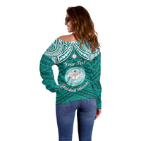 Personalised Marshall Islands Off Shoulder Sweater Turquoise Polynesian Tribal Mix Coat Of Arms LT14 - Polynesian Pride