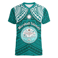 Personalised Marshall Islands Women V Neck T Shirt Turquoise Polynesian Tribal Mix Coat Of Arms LT14 Female Turquoise - Polynesian Pride