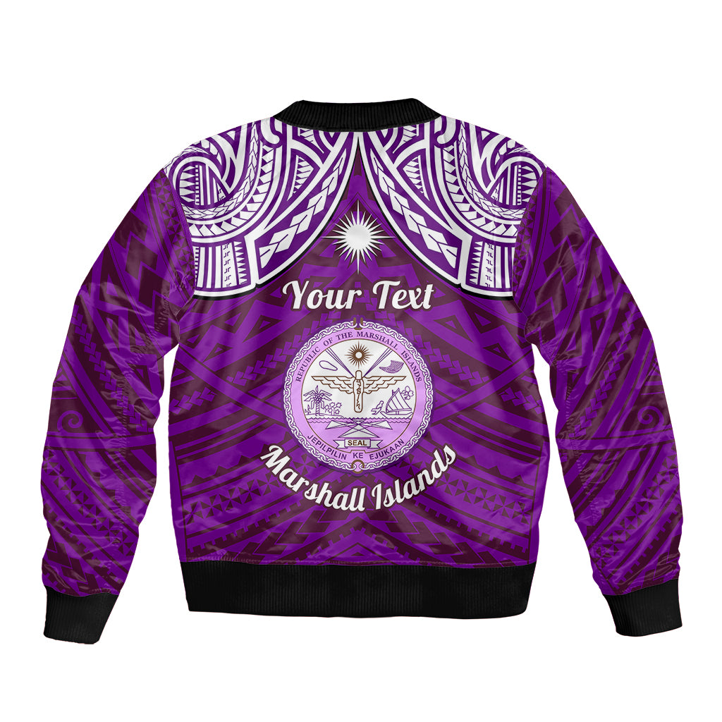 Personalised Marshall Islands Sleeve Zip Bomber Jacket Purple Polynesian Tribal Mix Coat Of Arms LT14 - Polynesian Pride