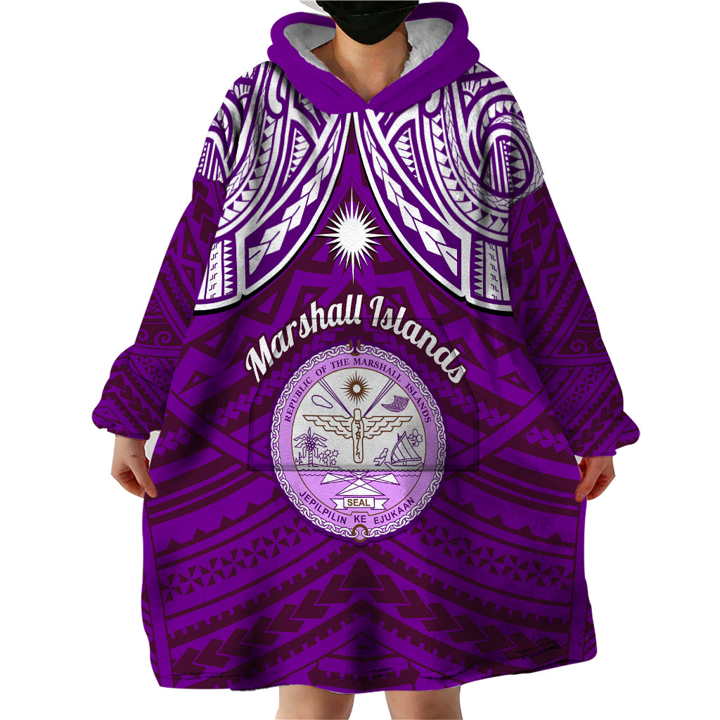 Personalised Marshall Islands Wearable Blanket Hoodie Purple Polynesian Tribal Mix Coat Of Arms LT14 - Polynesian Pride