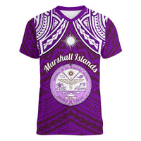 Personalised Marshall Islands Women V Neck T Shirt Purple Polynesian Tribal Mix Coat Of Arms LT14 Female Purple - Polynesian Pride
