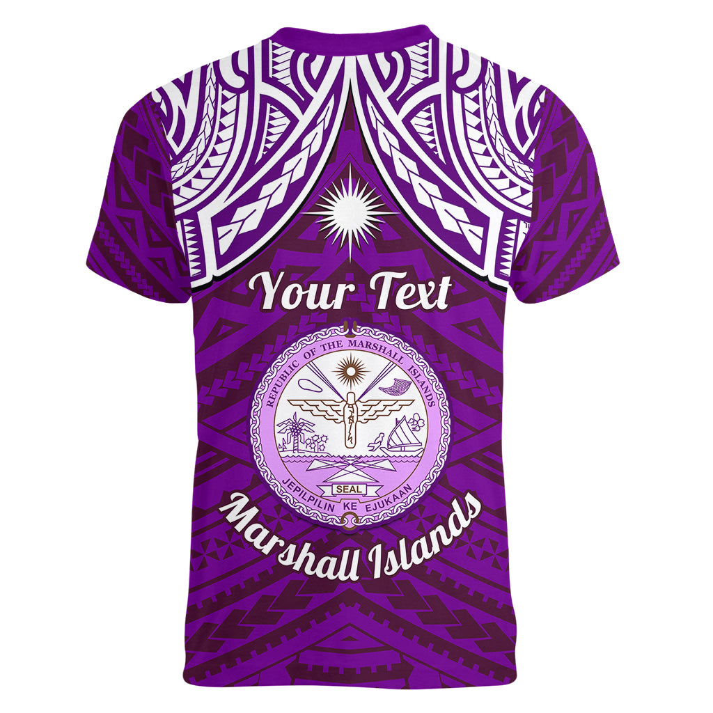Personalised Marshall Islands Women V Neck T Shirt Purple Polynesian Tribal Mix Coat Of Arms LT14 - Polynesian Pride