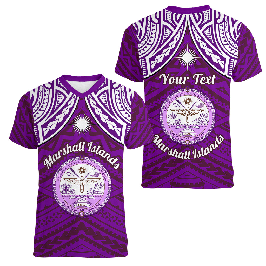 Personalised Marshall Islands Women V Neck T Shirt Purple Polynesian Tribal Mix Coat Of Arms LT14 - Polynesian Pride