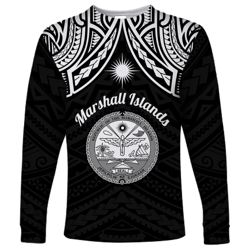 Personalised Marshall Islands Long Sleeve Shirt Black Polynesian Tribal Mix Coat Of Arms LT14 Unisex Black - Polynesian Pride