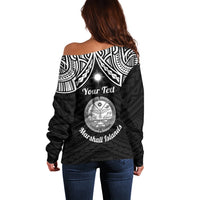 Personalised Marshall Islands Off Shoulder Sweater Black Polynesian Tribal Mix Coat Of Arms LT14 - Polynesian Pride