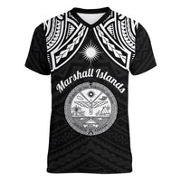 Personalised Marshall Islands Women V Neck T Shirt Black Polynesian Tribal Mix Coat Of Arms LT14 Female Black - Polynesian Pride