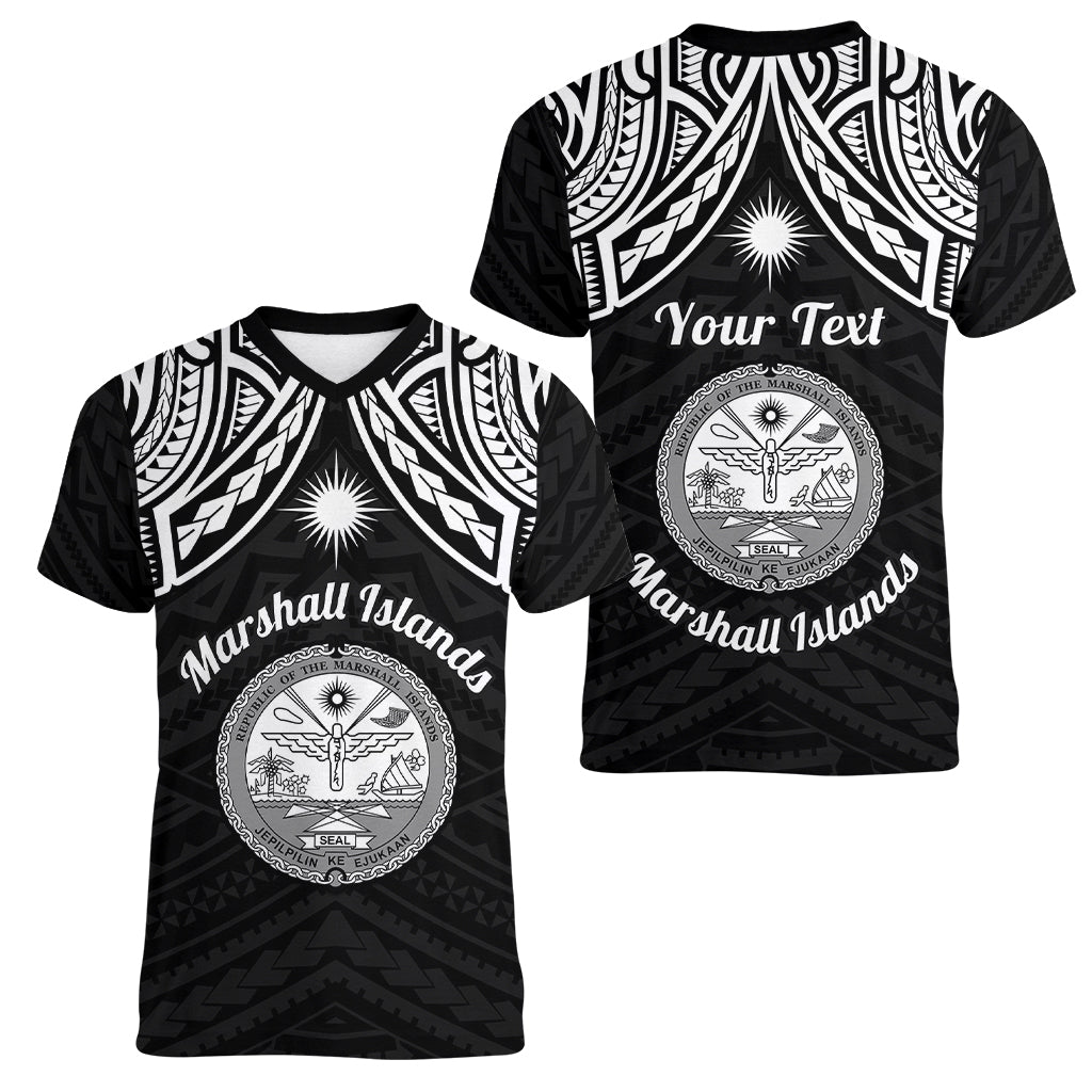 Personalised Marshall Islands Women V Neck T Shirt Black Polynesian Tribal Mix Coat Of Arms LT14 - Polynesian Pride