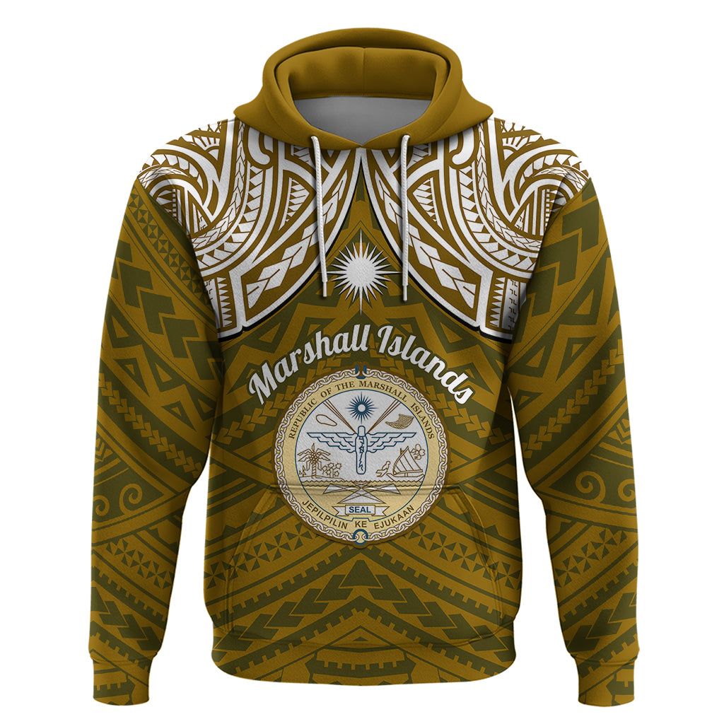 Custom Marshall Islands Hoodie Gold Polynesian Tribal Mix Coat of Arms LT14 Pullover Hoodie Gold - Polynesian Pride