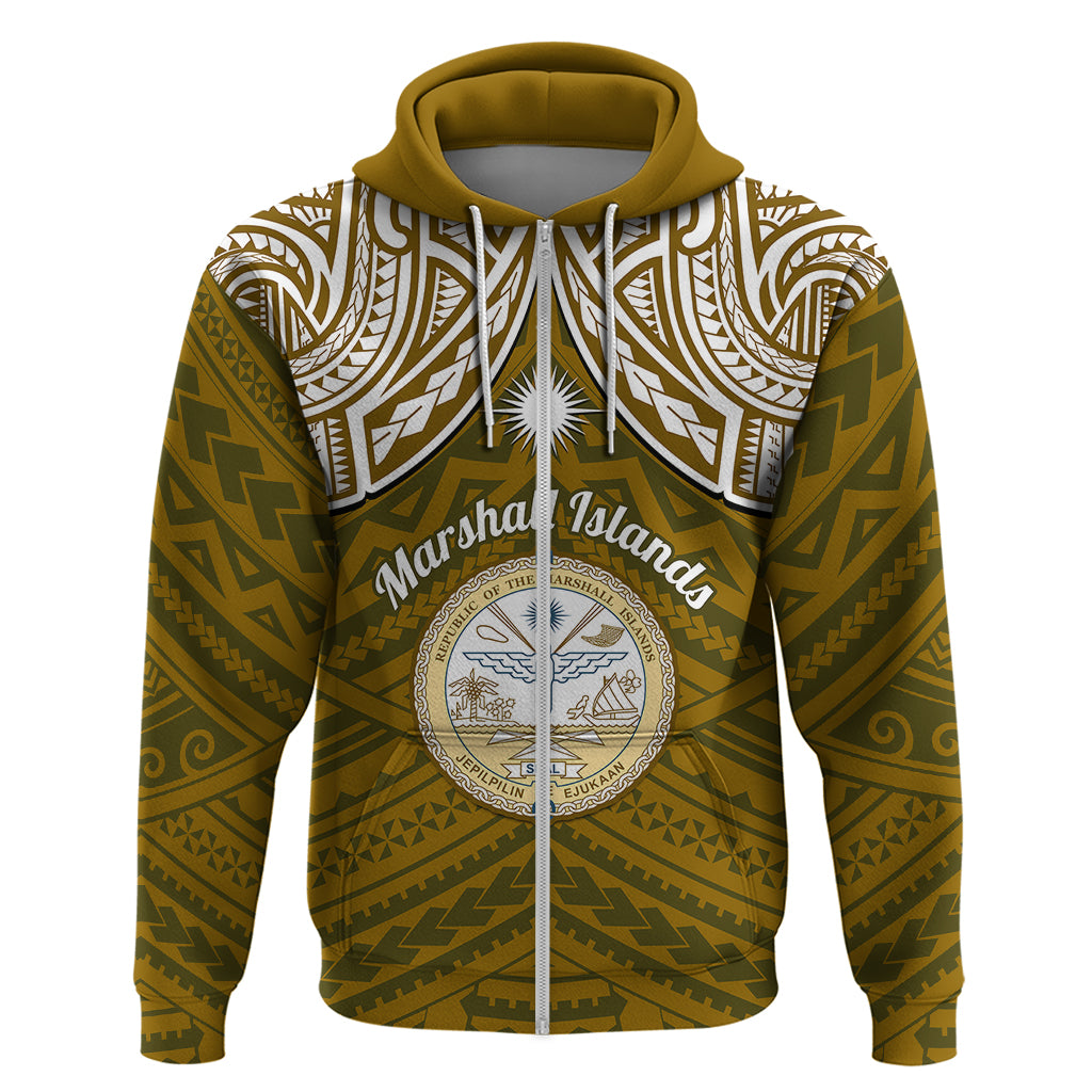 Custom Marshall Islands Hoodie Gold Polynesian Tribal Mix Coat of Arms LT14 Zip Hoodie Gold - Polynesian Pride