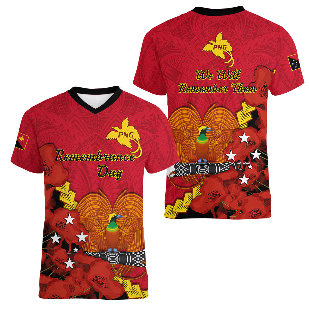 Polynesian Pride Remembrance Day PNG Women V Neck T Shirt Papua New Guinea We Will Remember Them LT14 - Polynesian Pride