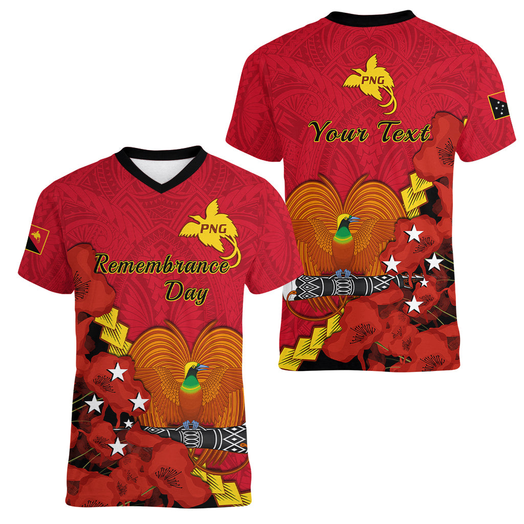 Personalised Remembrance Day PNG Women V Neck T Shirt Papua New Guinea We Will Remember Them LT14 - Polynesian Pride