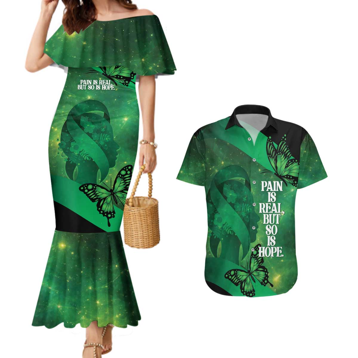 Personalised World Mental Health Awareness Month Couples Matching Mermaid Dress and Hawaiian Shirt Warriors Brave Strong Galaxy Vibes