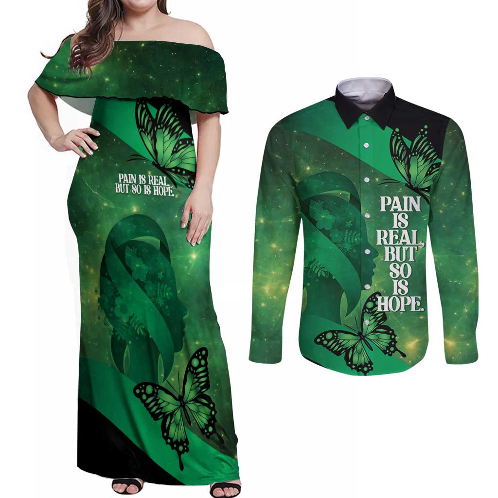 Personalised World Mental Health Awareness Month Couples Matching Off Shoulder Maxi Dress and Long Sleeve Button Shirt Warriors Brave Strong Galaxy Vibes