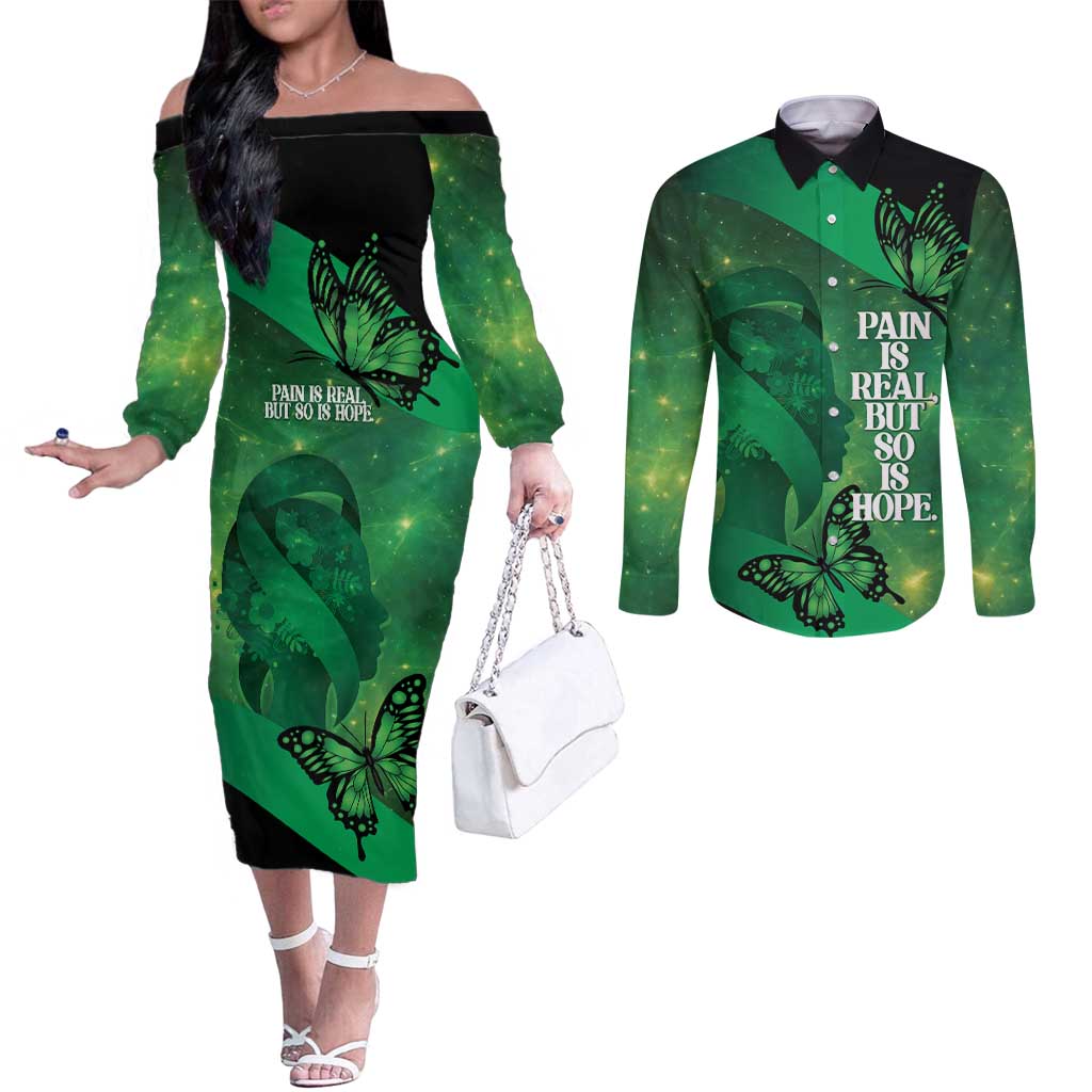 Personalised World Mental Health Awareness Month Couples Matching Off The Shoulder Long Sleeve Dress and Long Sleeve Button Shirt Warriors Brave Strong Galaxy Vibes