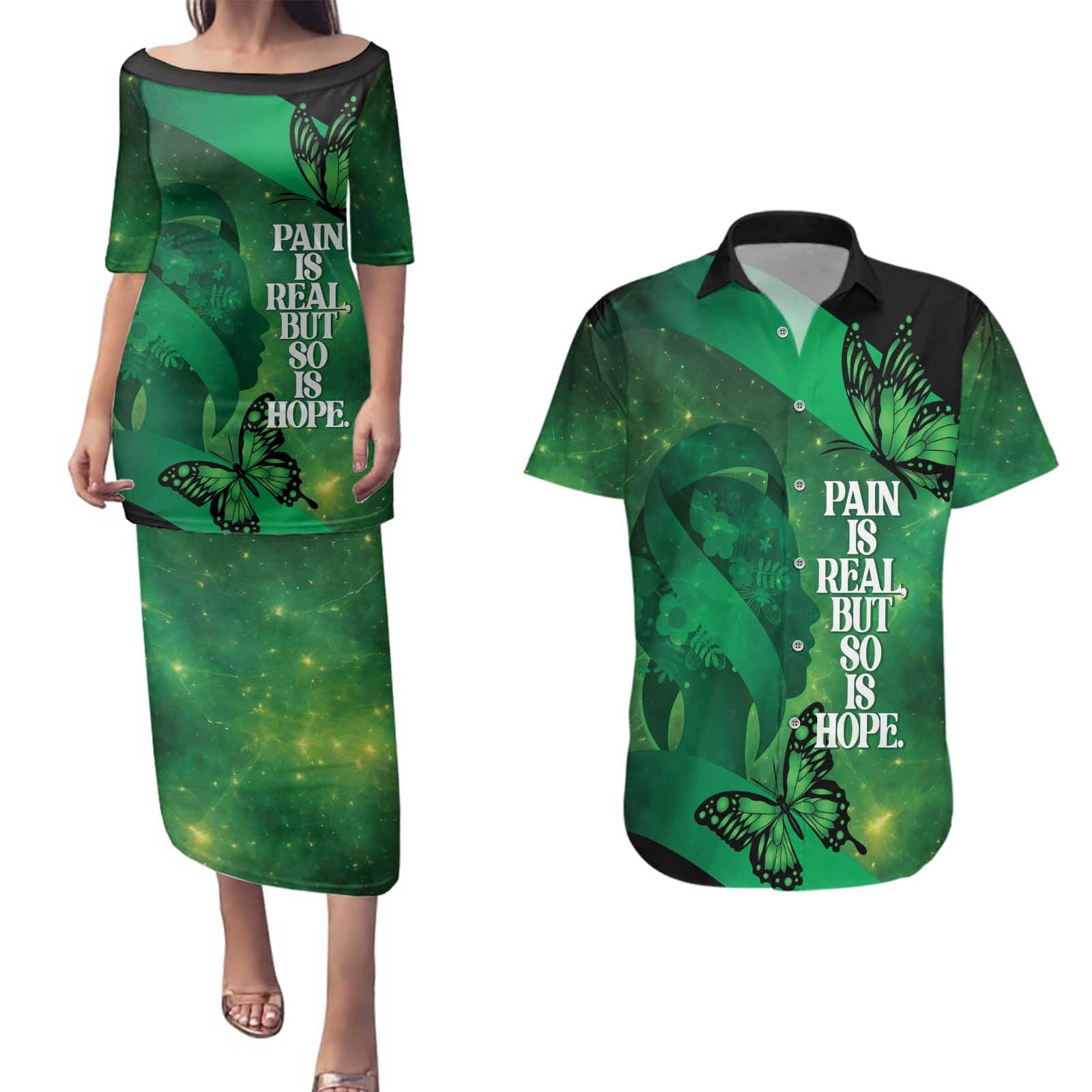 Personalised World Mental Health Awareness Month Couples Matching Puletasi and Hawaiian Shirt Warriors Brave Strong Galaxy Vibes