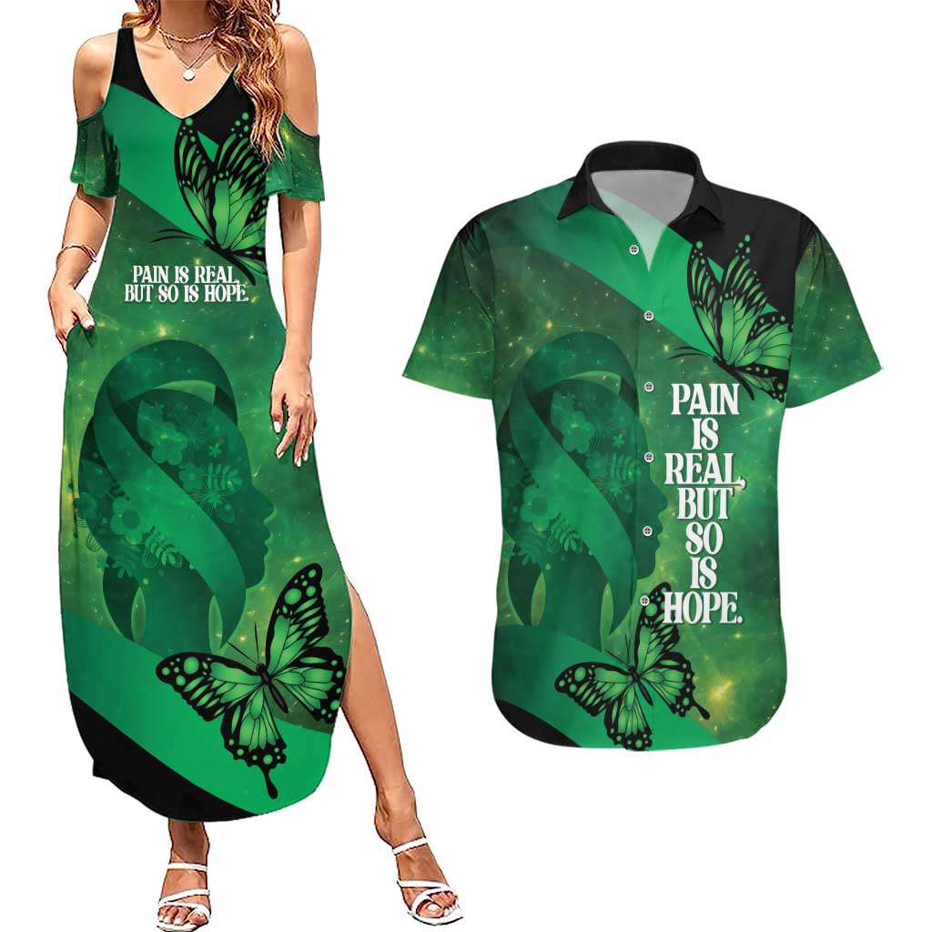 Personalised World Mental Health Awareness Month Couples Matching Summer Maxi Dress and Hawaiian Shirt Warriors Brave Strong Galaxy Vibes