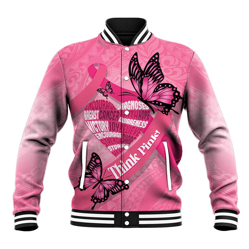Polynesia Breast Cancer Awareness Month Baseball Jacket Pink Ribbon Mix Butterflies