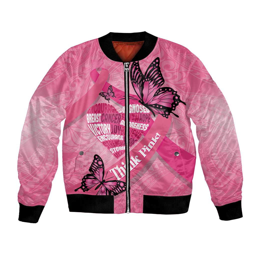 Polynesia Breast Cancer Awareness Month Bomber Jacket Pink Ribbon Mix Butterflies