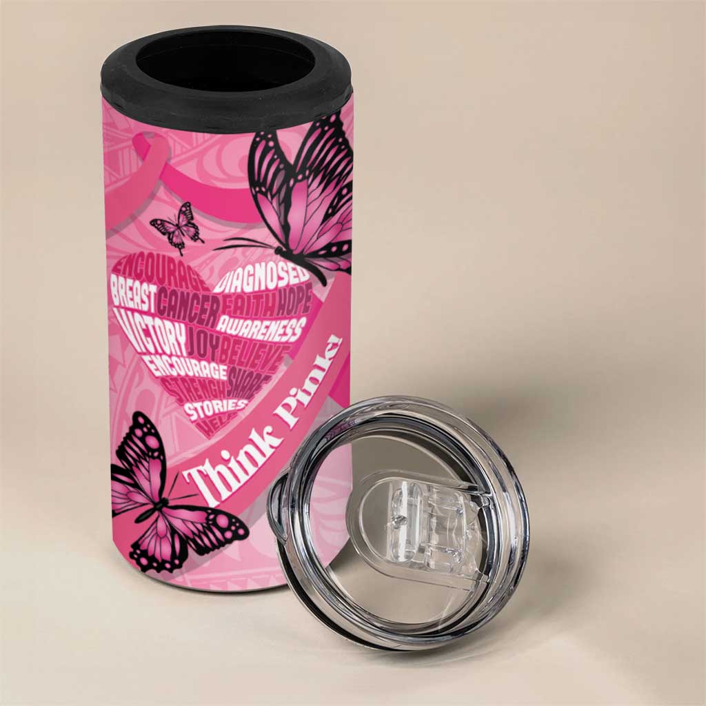 Polynesia Breast Cancer Awareness Month 4 in 1 Can Cooler Tumbler Pink Ribbon Mix Butterflies