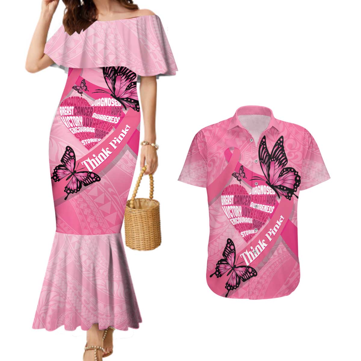 Polynesia Breast Cancer Awareness Month Couples Matching Mermaid Dress and Hawaiian Shirt Pink Ribbon Mix Butterflies