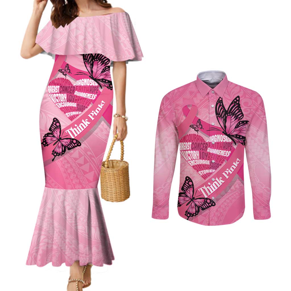 Polynesia Breast Cancer Awareness Month Couples Matching Mermaid Dress and Long Sleeve Button Shirt Pink Ribbon Mix Butterflies