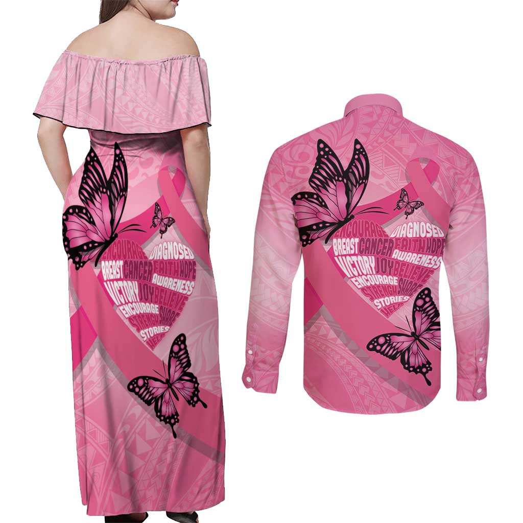 Polynesia Breast Cancer Awareness Month Couples Matching Off Shoulder Maxi Dress and Long Sleeve Button Shirt Pink Ribbon Mix Butterflies