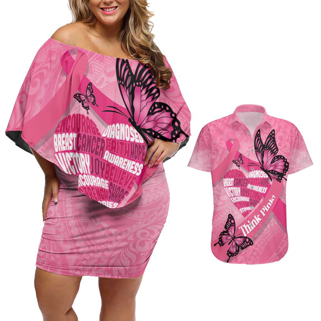 Polynesia Breast Cancer Awareness Month Couples Matching Off Shoulder Short Dress and Hawaiian Shirt Pink Ribbon Mix Butterflies