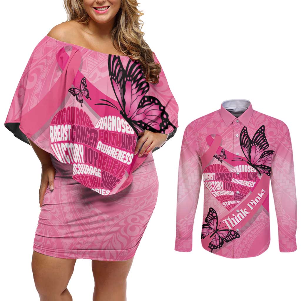 Polynesia Breast Cancer Awareness Month Couples Matching Off Shoulder Short Dress and Long Sleeve Button Shirt Pink Ribbon Mix Butterflies