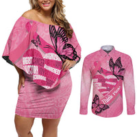 Polynesia Breast Cancer Awareness Month Couples Matching Off Shoulder Short Dress and Long Sleeve Button Shirt Pink Ribbon Mix Butterflies