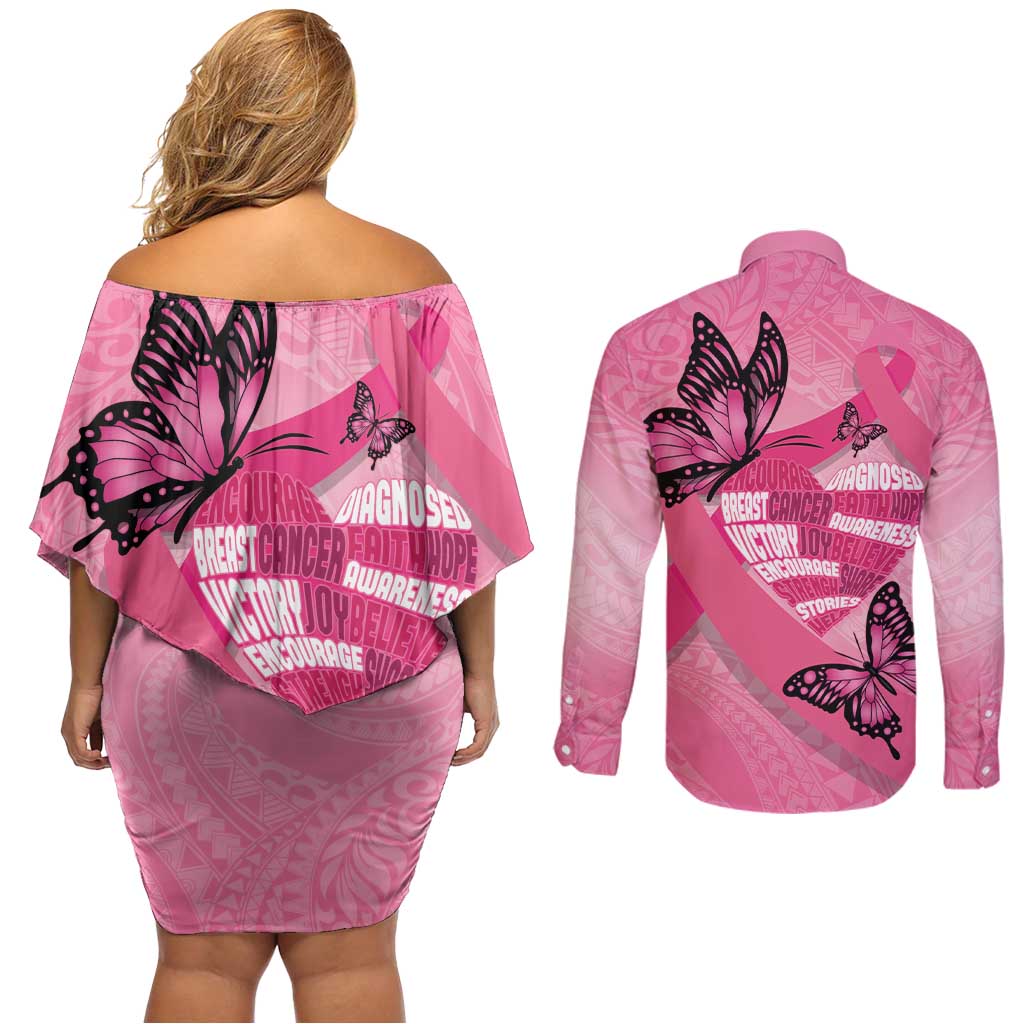 Polynesia Breast Cancer Awareness Month Couples Matching Off Shoulder Short Dress and Long Sleeve Button Shirt Pink Ribbon Mix Butterflies