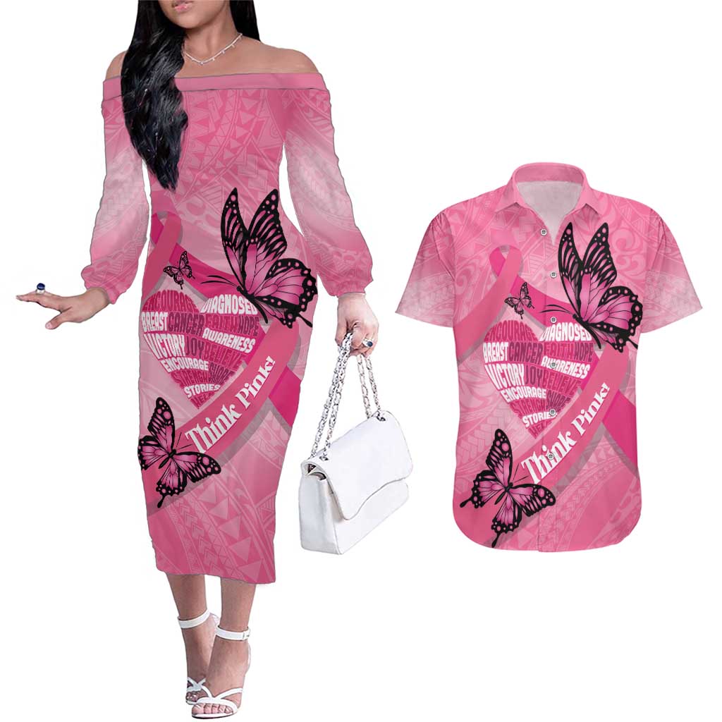 Polynesia Breast Cancer Awareness Month Couples Matching Off The Shoulder Long Sleeve Dress and Hawaiian Shirt Pink Ribbon Mix Butterflies