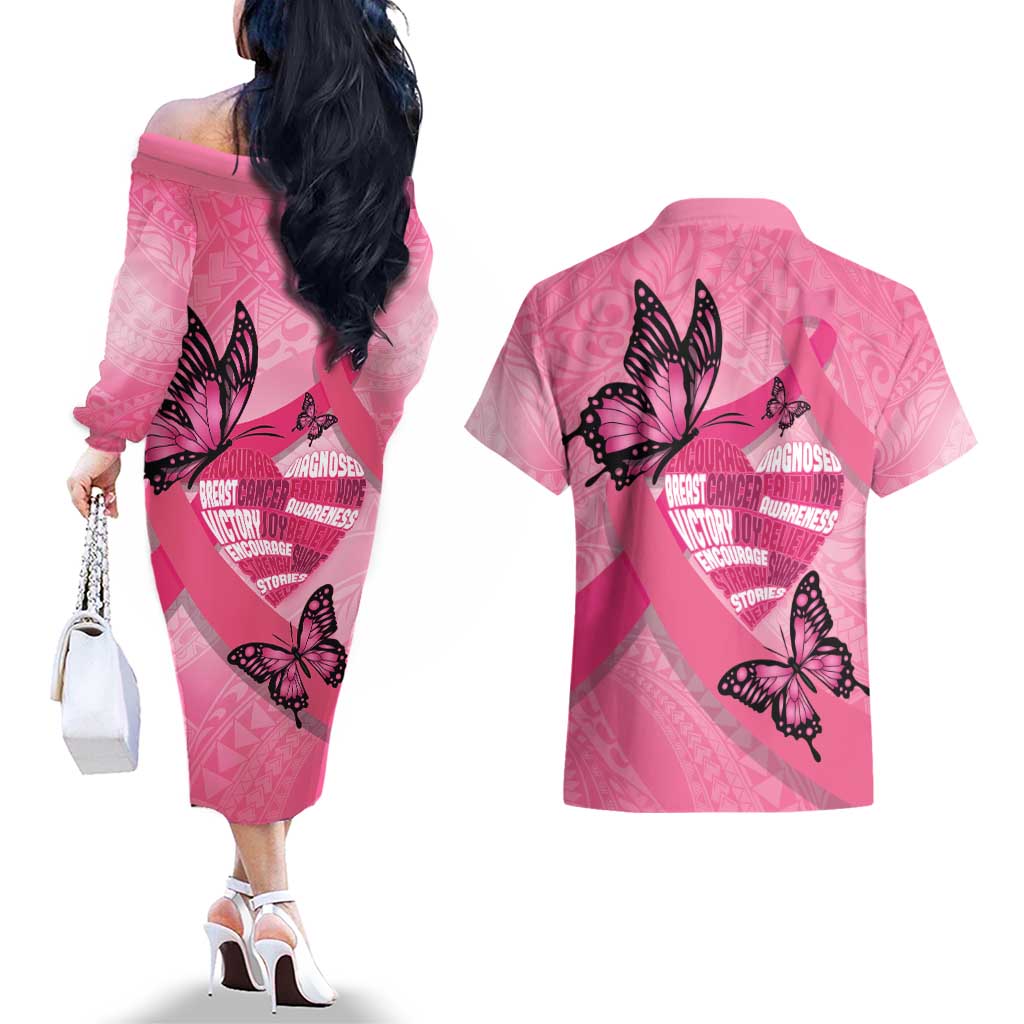 Polynesia Breast Cancer Awareness Month Couples Matching Off The Shoulder Long Sleeve Dress and Hawaiian Shirt Pink Ribbon Mix Butterflies