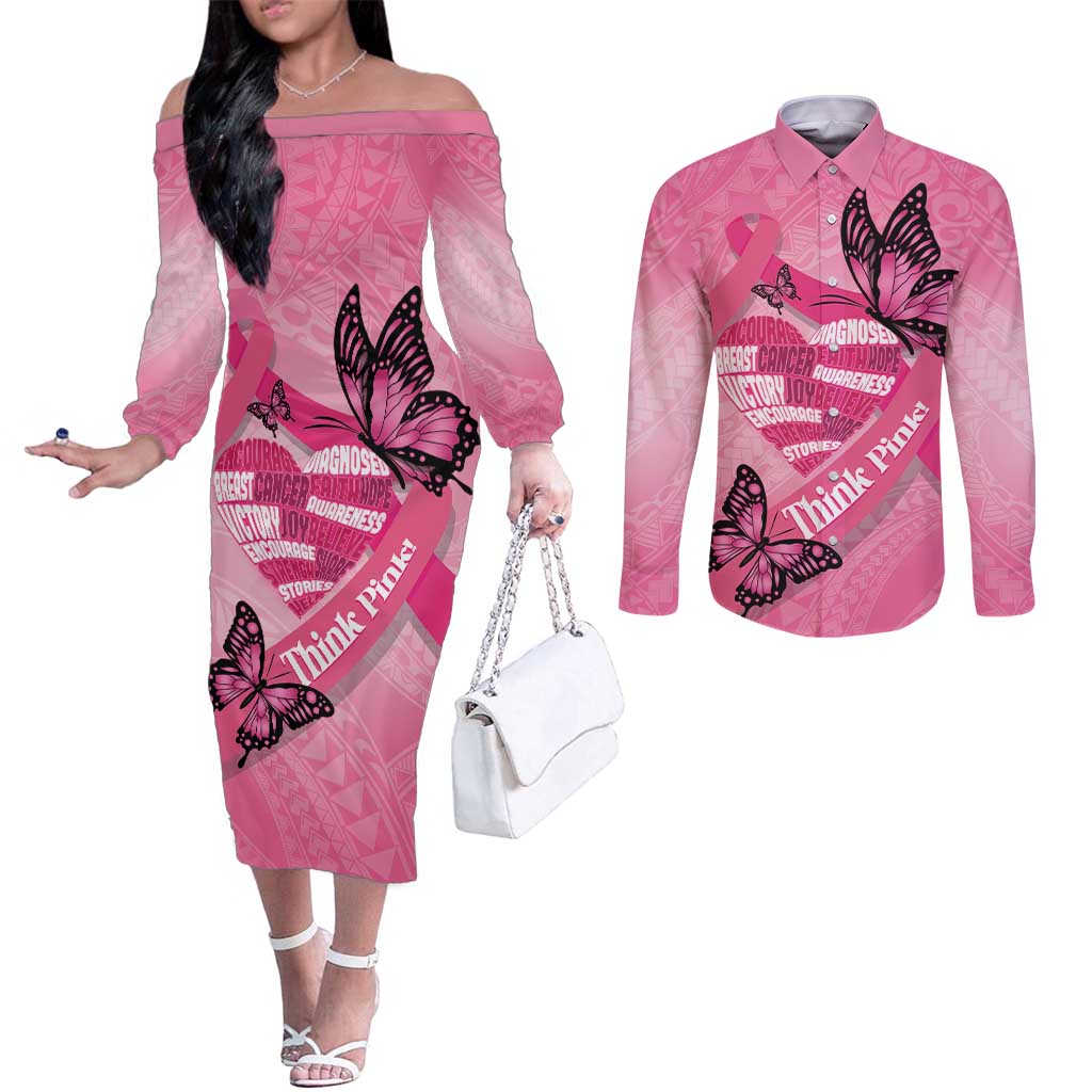 Polynesia Breast Cancer Awareness Month Couples Matching Off The Shoulder Long Sleeve Dress and Long Sleeve Button Shirt Pink Ribbon Mix Butterflies