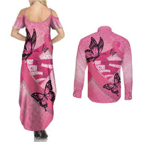 Polynesia Breast Cancer Awareness Month Couples Matching Summer Maxi Dress and Long Sleeve Button Shirt Pink Ribbon Mix Butterflies