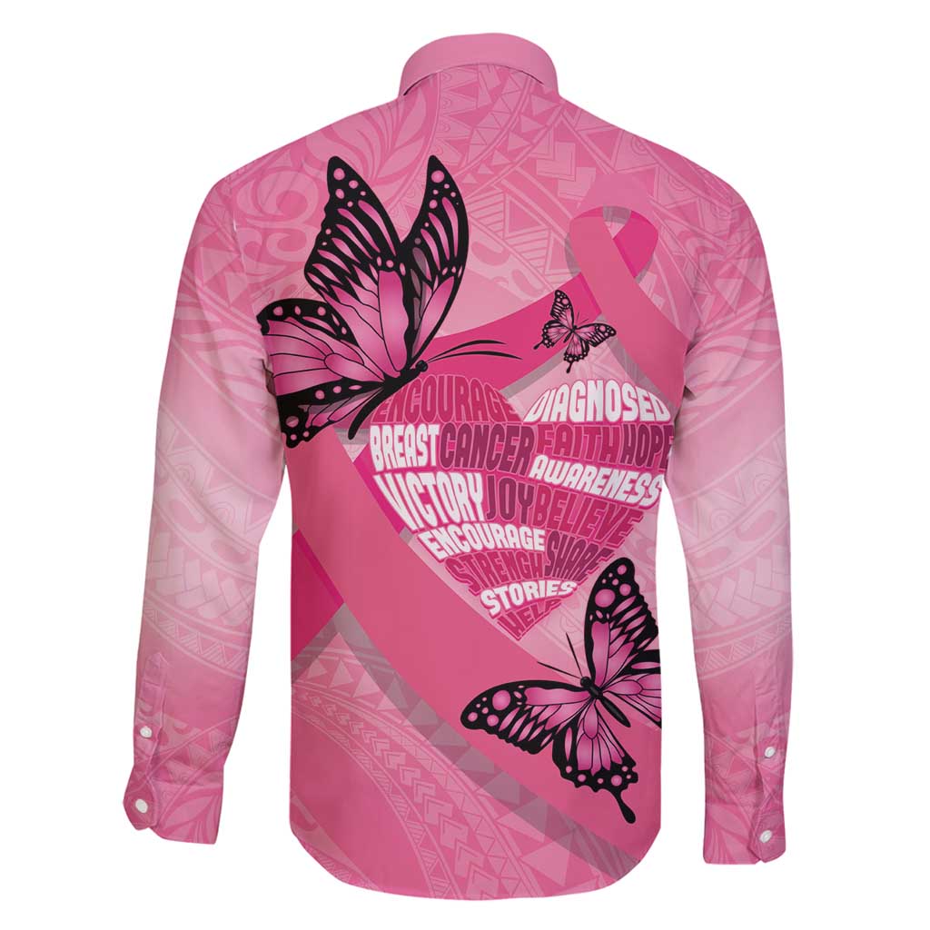 Polynesia Breast Cancer Awareness Month Family Matching Long Sleeve Bodycon Dress and Hawaiian Shirt Pink Ribbon Mix Butterflies