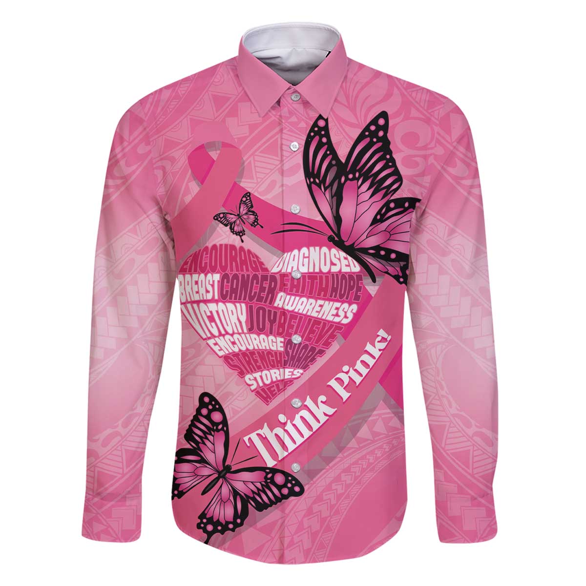 Polynesia Breast Cancer Awareness Month Family Matching Off The Shoulder Long Sleeve Dress and Hawaiian Shirt Pink Ribbon Mix Butterflies